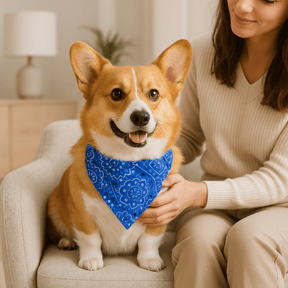 corgi assis fauteuil bandana chien bleu maitresse caresse