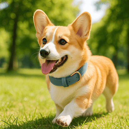 corgi dans herbe collier chien bleu