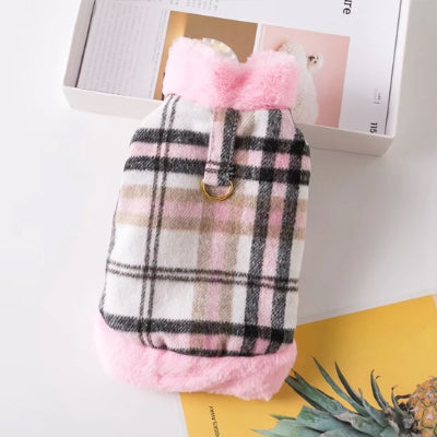 cote dorsal manteau pour chien rose a carreaux