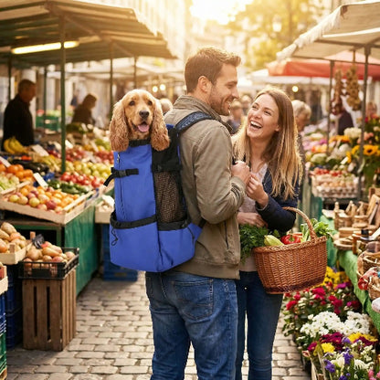 couple au  marche cocker dans sac a dos pour chien
