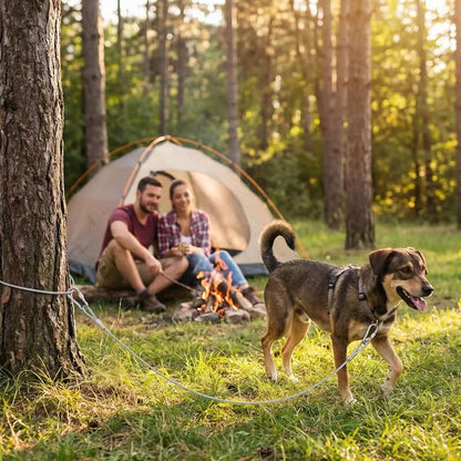 couple camping avec chien attache avec laisse pour chien métallique