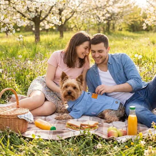 couple pique nique printemps avec yorkshire avec manteau chien bleu