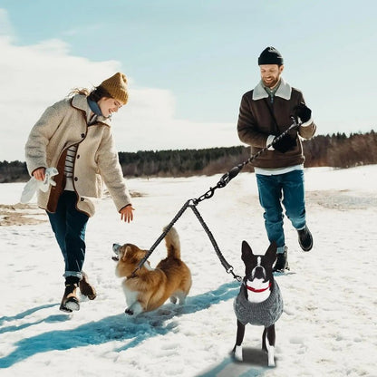 couple promenade neige deux chiens avec laisse double pour chien