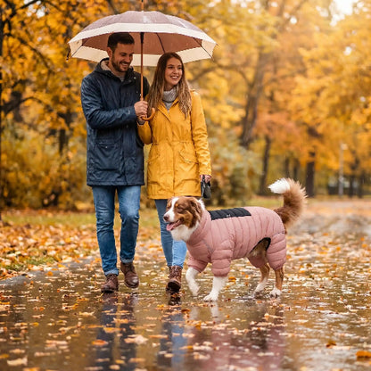 couple promene berger australien avec manteau chien rose pluie automne