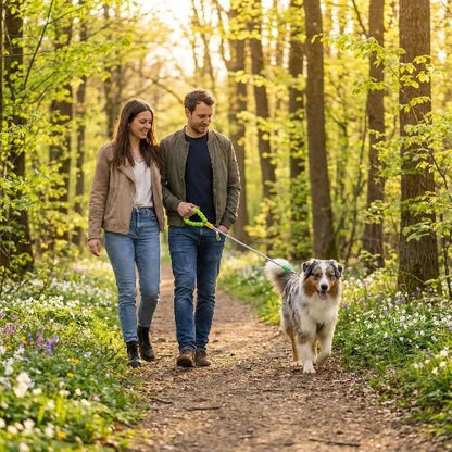 couple promene berger australien sentier boise laisse chien violet