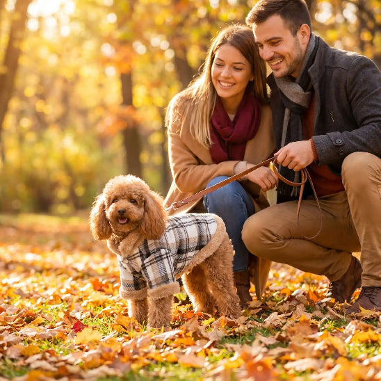 couple promene caniche avec manteau pour chien en automne