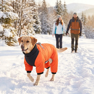 couple promene chien portant manteau pour chien orange dans neige