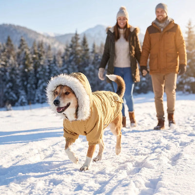 couple promene chien temps froid avec manteau pour chien kaki