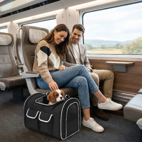 couple voyage train chiot dans sac à dos pour chien
