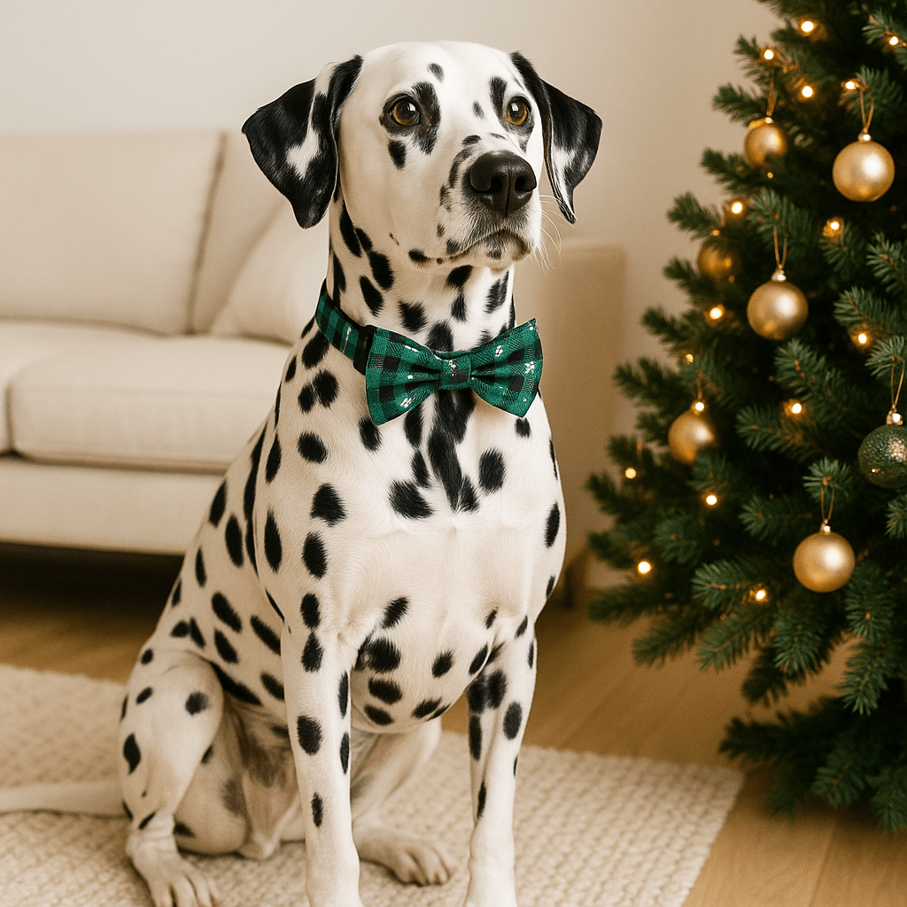 dalmatien assis collier chien vert sapin noel