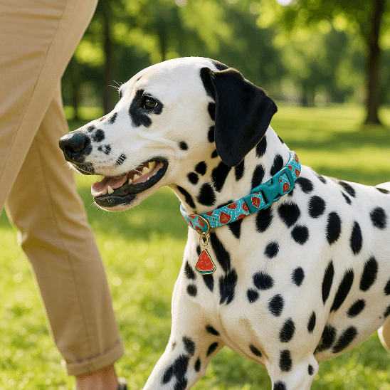 dalmatien se promene parc collier chien pasteque