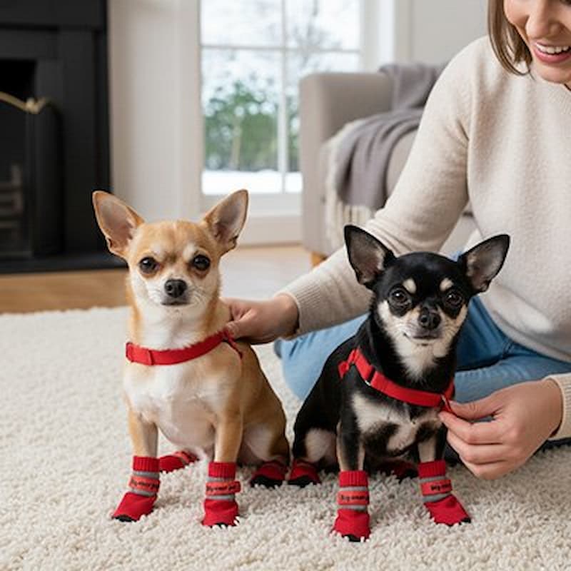 deux chihuahuas portent chausson pour chien rouge intérieur cosy hiver