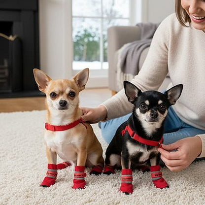 deux chihuahuas portent chausson pour chien rouge intérieur cosy hiver