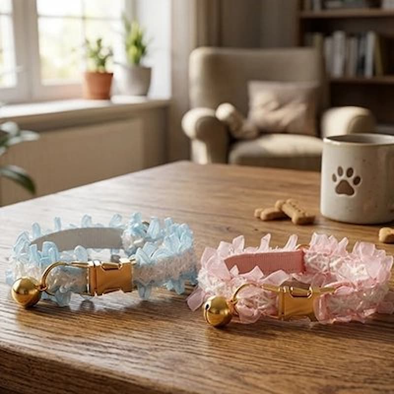deux collier chien bleu et rose posés sur table salon