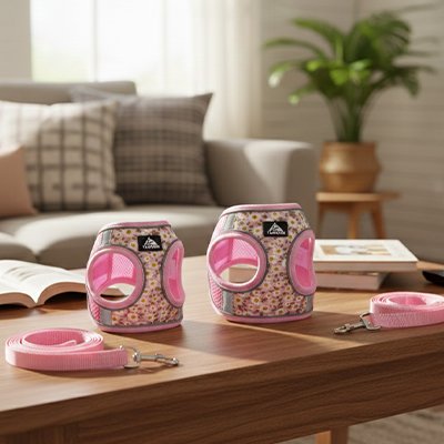 deux harnais pour petit chien motif fleuri table basse salon