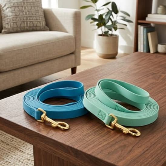 deux longe chien bleu et vert sur table salon