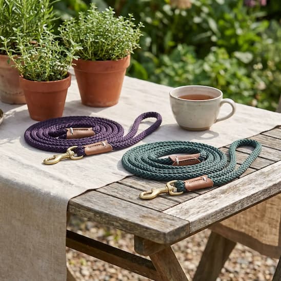 deux longe chien marron vert alignees sur table exterieure