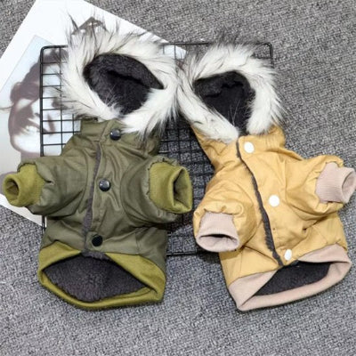 deux manteau pour chien vert militaire et kaki sur tapis