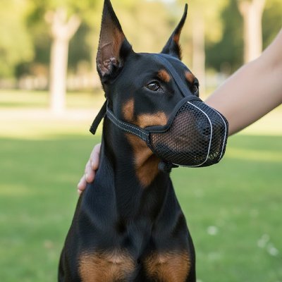 doberman assis avec museliere pour chien noir