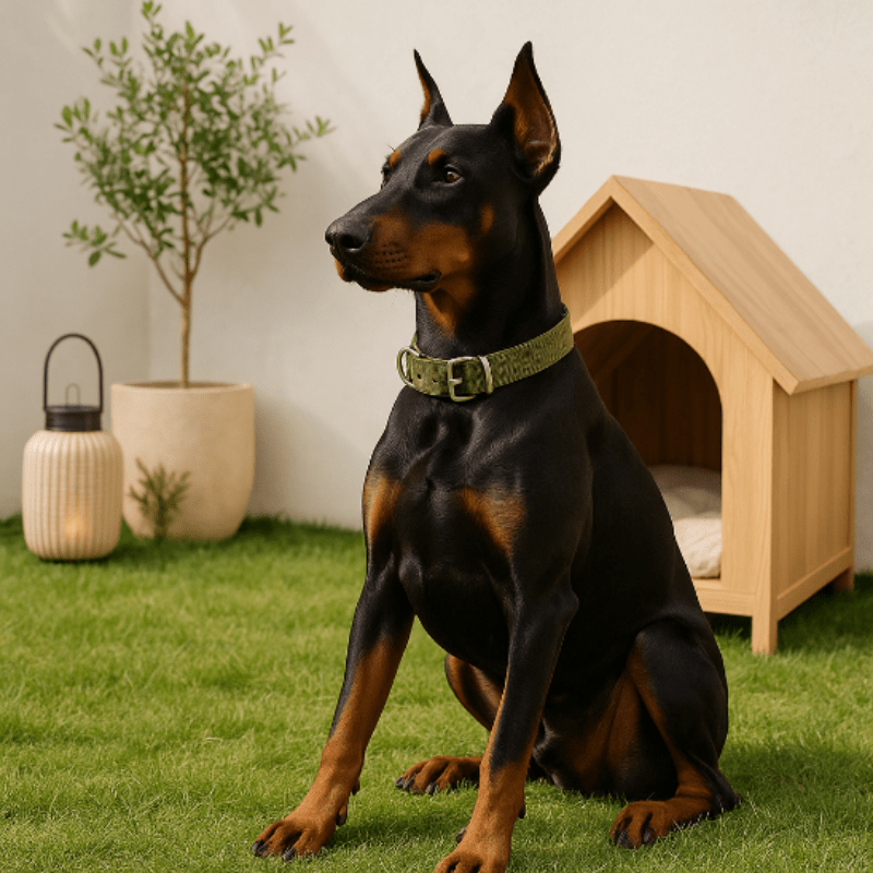 doberman assis collier pour chien kaki niche