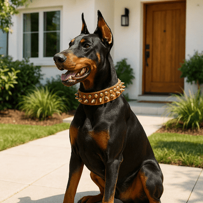 doberman assis devant maison collier chien marron rivets decoratifs