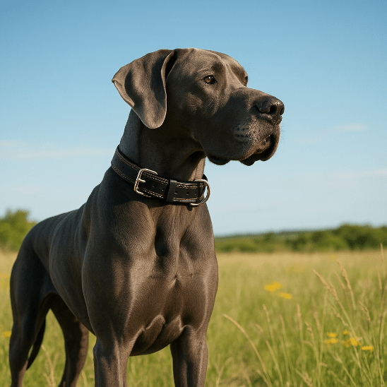 dogue allemand collier chien cuir noir prairie