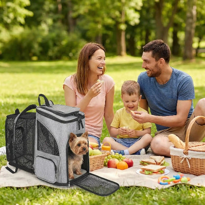 famille pique nique yorkshire dans sac a dos pour chien