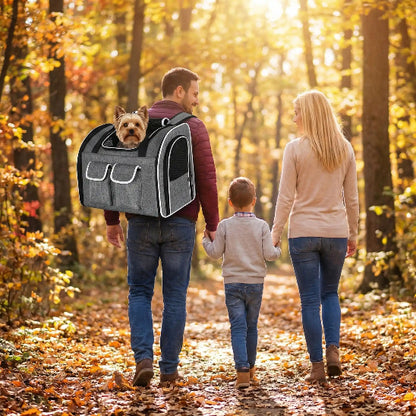 famille promenade yorkshire dans sac à dos pour chien automne
