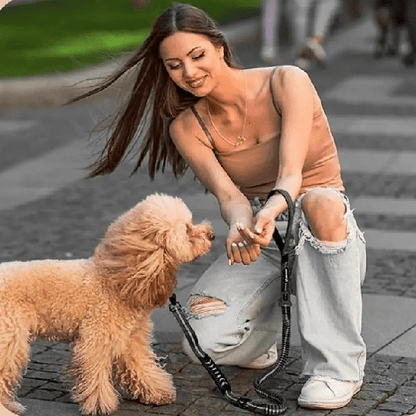 femme accroupie a cote caniche laisse pour chien extensible noir