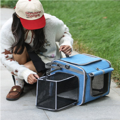 femme accroupie a cote sac à dos chien bleu