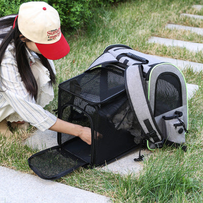 femme accroupie a cote sac à dos chien gris