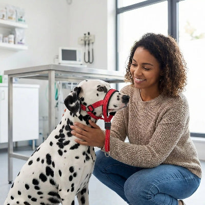 femme accroupie avec dalmatien-avec museliere chien rouge chez veterinaire