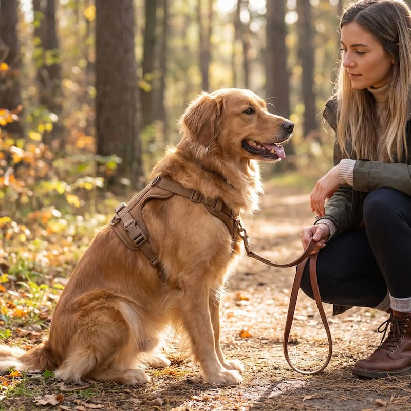 femme accroupie avec golden portant harnais chien anti traction marron