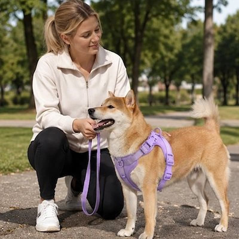 femme accroupie avec shiba portant harnais chien anti traction violet