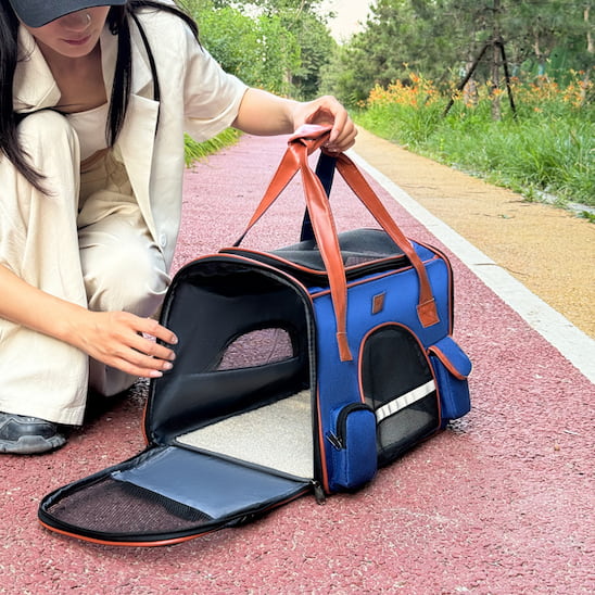 femme accroupie ouvrant sac de transport chien bleu extérieur