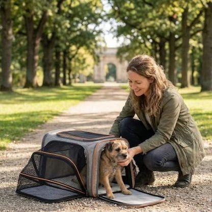 femme agenouillee avec chien dans sac de transport pour chien