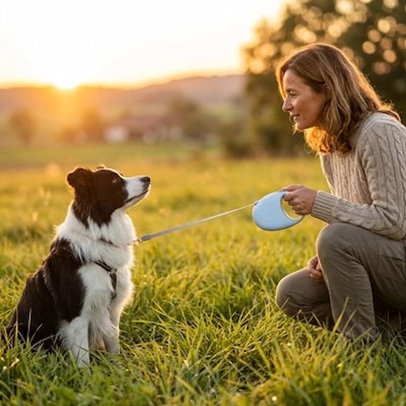 femme agenouillée souriant à son chien laisse pour chien enrouleur
