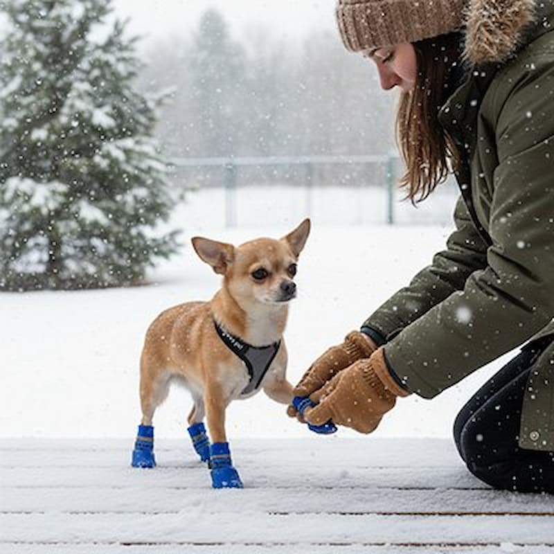 femme ajuste chausson pour chien bleu chihuahua neige tombante