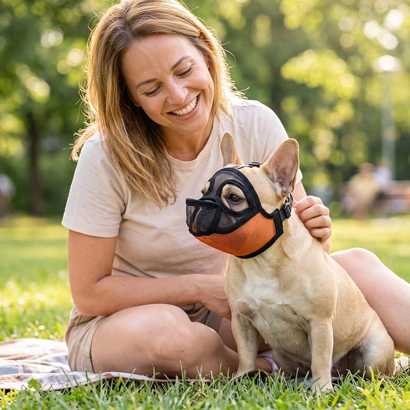 femme assise avec bouledogue français portant muselière pour chien orange
