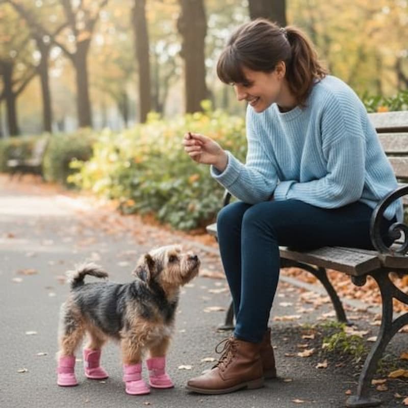 femme assise banc donne friandise chien portant chaussure chiens rose