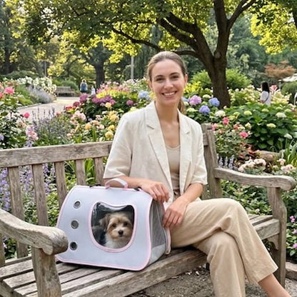 femme assise banc parc avec chien sac pour transporter chien