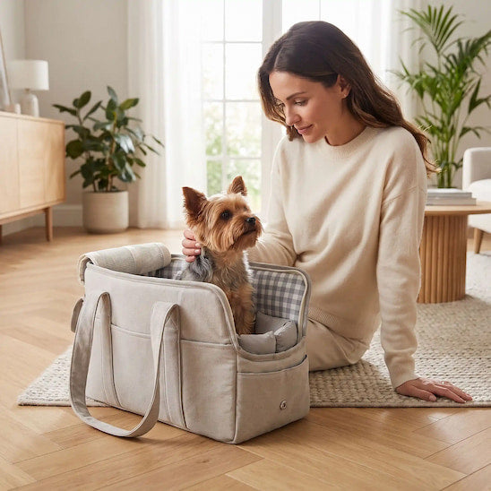 femme assise caressant yorkshire sac de transport pour chien salon