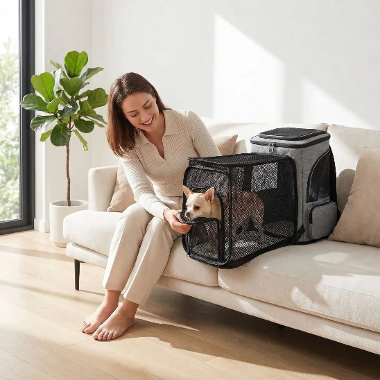 femme assise fauteuil chihuahua dans sac a dos pour chien