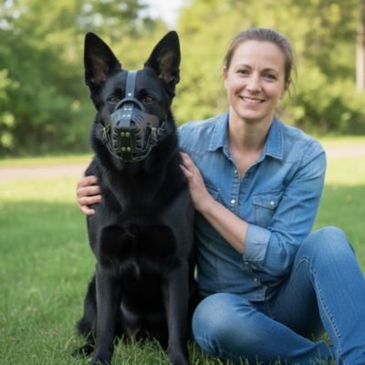femme assise herbe a cote chien noir avec muselière cuir