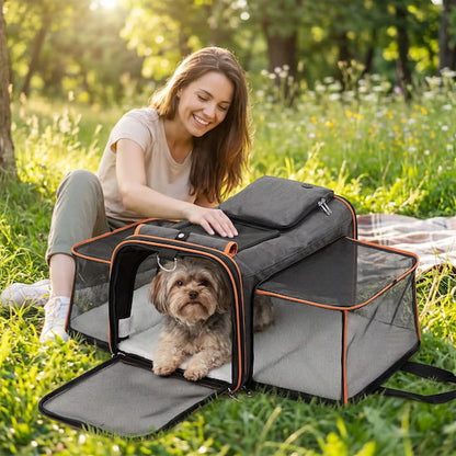 femme assise herbe bolonka dans sac pour transport chien orange