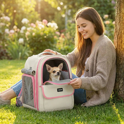 femme assise herbe chien dans sac a dos pour chien