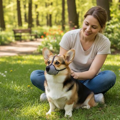 femme assise herbe parc avec corgi avec museliere pour chien