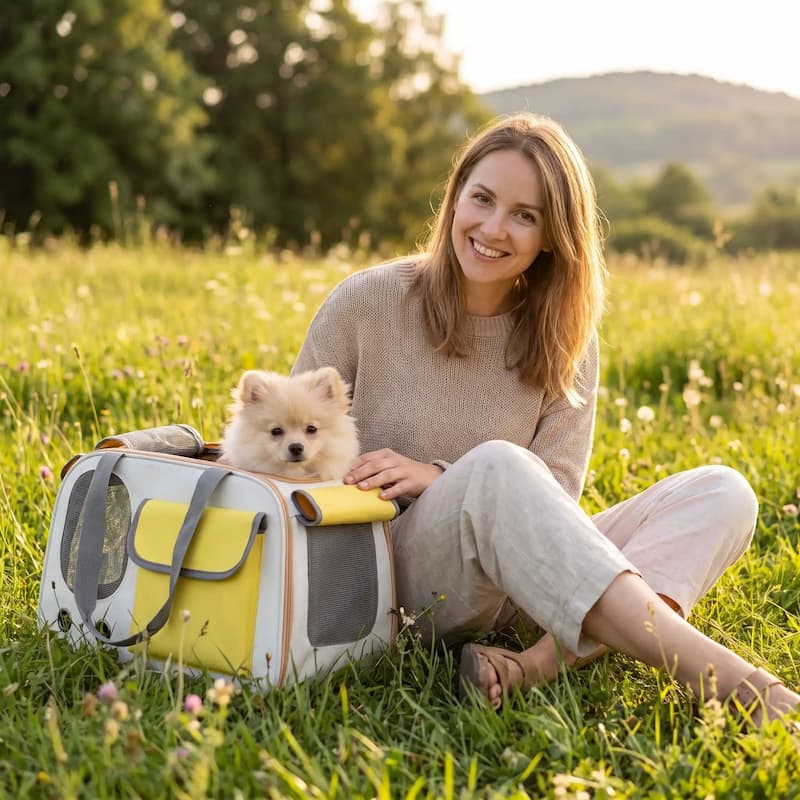 femme assise herbe spitz dans sac de transport chien