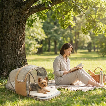femme assise herbe yorkshire sur sac a dos chien deplie