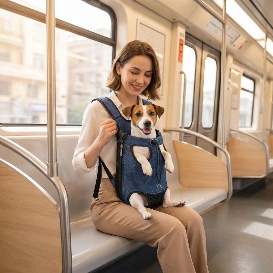 femme assise metro porte chien dans sac a dos chien